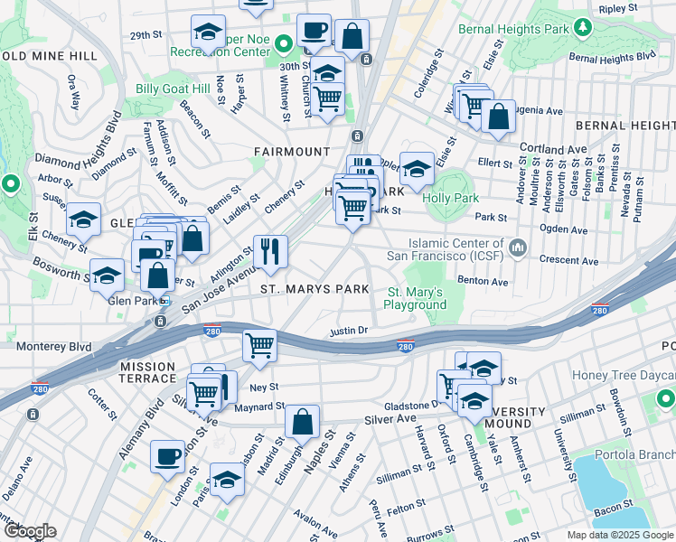 map of restaurants, bars, coffee shops, grocery stores, and more near 3951 Mission Street in San Francisco