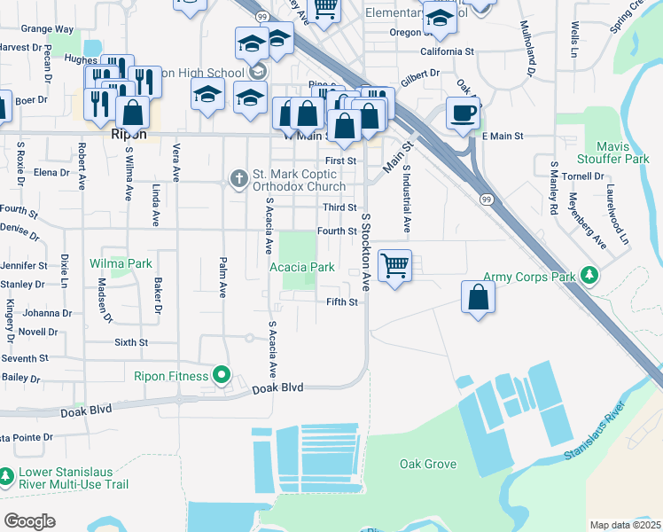 map of restaurants, bars, coffee shops, grocery stores, and more near 651 South Stockton Avenue in Ripon