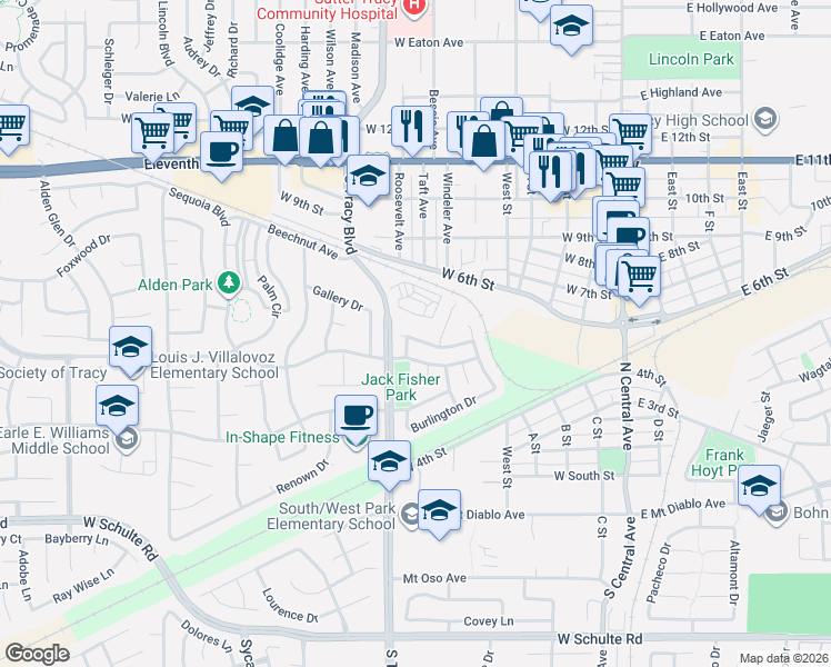 map of restaurants, bars, coffee shops, grocery stores, and more near in Tracy