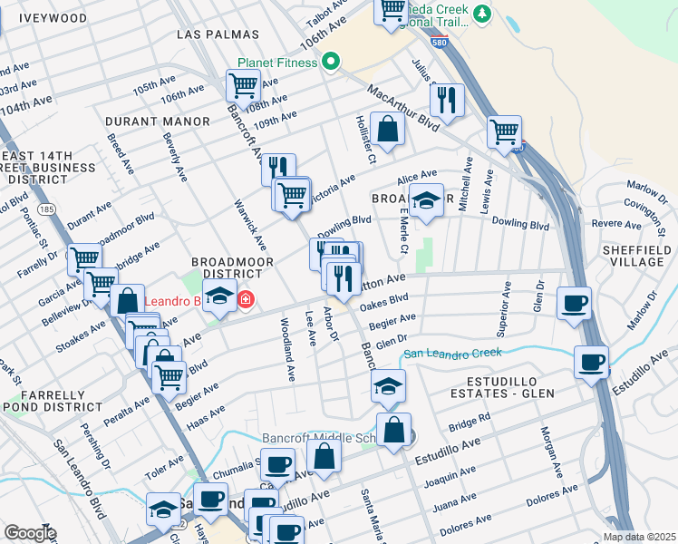 map of restaurants, bars, coffee shops, grocery stores, and more near 600 Bancroft Avenue in San Leandro
