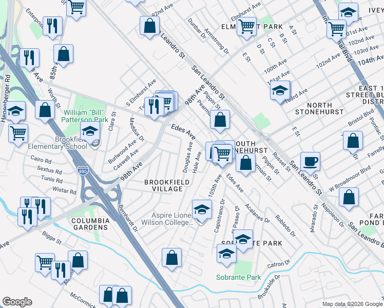 map of restaurants, bars, coffee shops, grocery stores, and more near 630 Douglas Avenue in Oakland