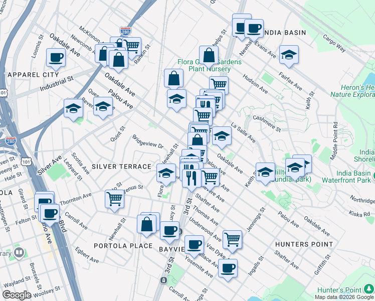 map of restaurants, bars, coffee shops, grocery stores, and more near 1760 Quesada Avenue in San Francisco
