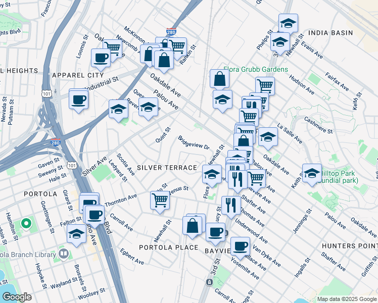 map of restaurants, bars, coffee shops, grocery stores, and more near 175 Bayview Circle in San Francisco