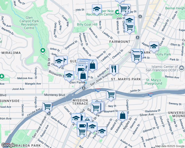 map of restaurants, bars, coffee shops, grocery stores, and more near 568 Arlington Street in San Francisco