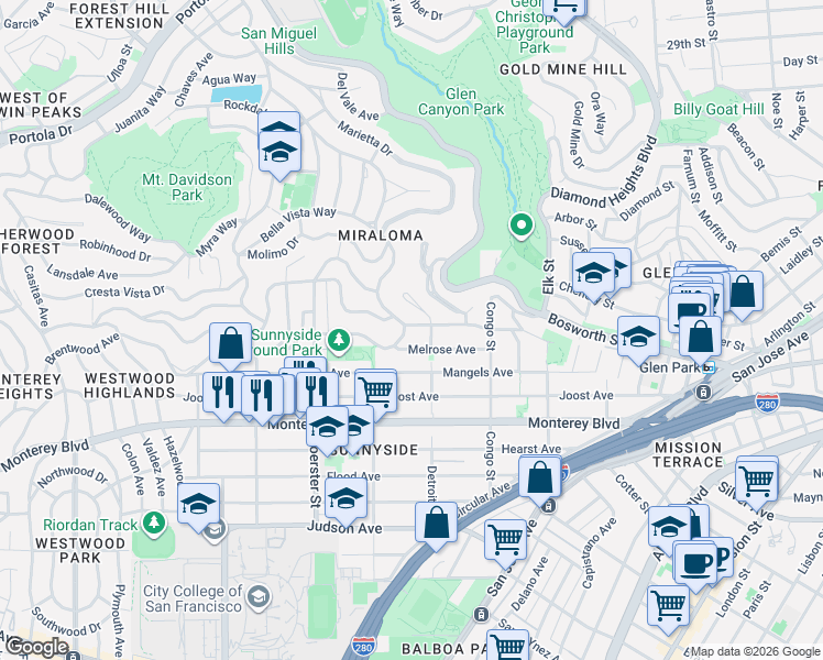 map of restaurants, bars, coffee shops, grocery stores, and more near 126 Melrose Avenue in San Francisco