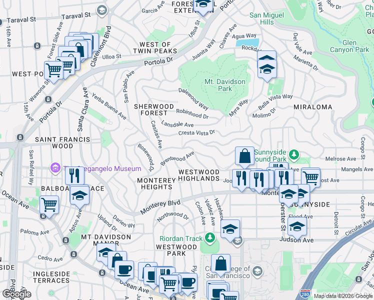 map of restaurants, bars, coffee shops, grocery stores, and more near 125 Brentwood Avenue in San Francisco