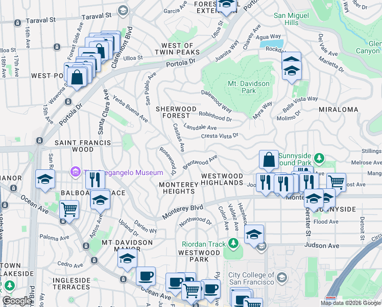 map of restaurants, bars, coffee shops, grocery stores, and more near 180 Brentwood Avenue in San Francisco