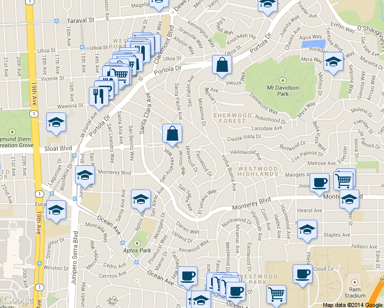 map of restaurants, bars, coffee shops, grocery stores, and more near 36 Fernwood Drive in San Francisco