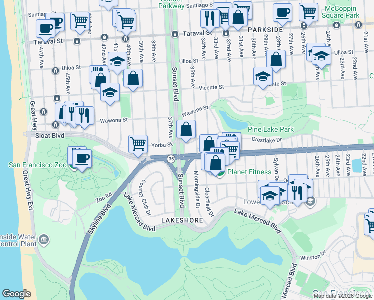 map of restaurants, bars, coffee shops, grocery stores, and more near 1776 California 35 in San Francisco