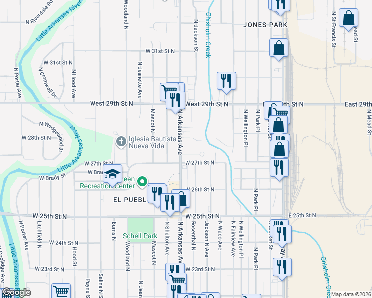 map of restaurants, bars, coffee shops, grocery stores, and more near 649 West North Court in Wichita