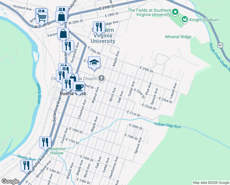 map of restaurants, bars, coffee shops, grocery stores, and more near 2165 Birch Avenue in Buena Vista