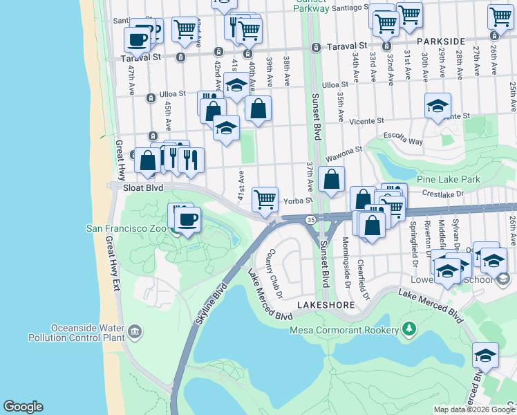 map of restaurants, bars, coffee shops, grocery stores, and more near 2150 Sloat Boulevard in San Francisco