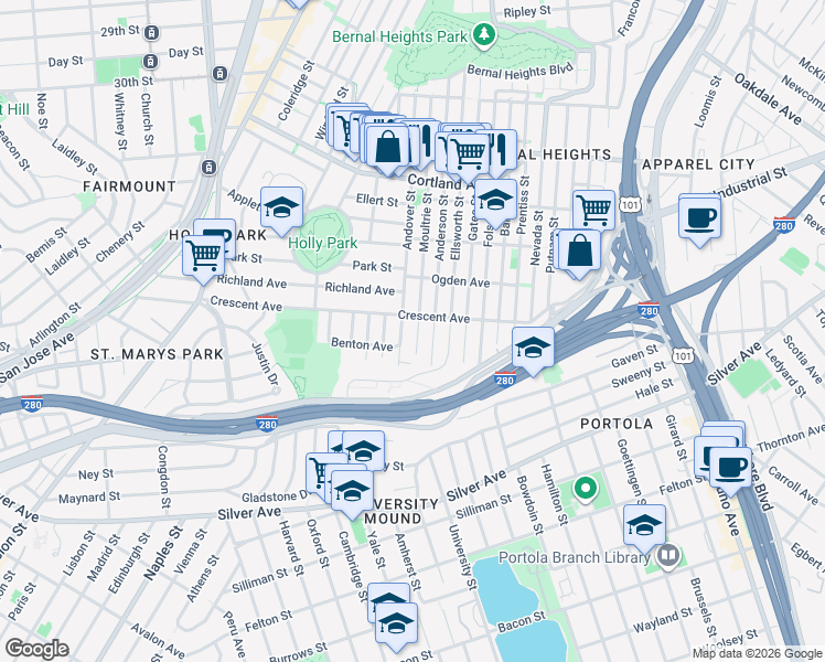 map of restaurants, bars, coffee shops, grocery stores, and more near in San Francisco