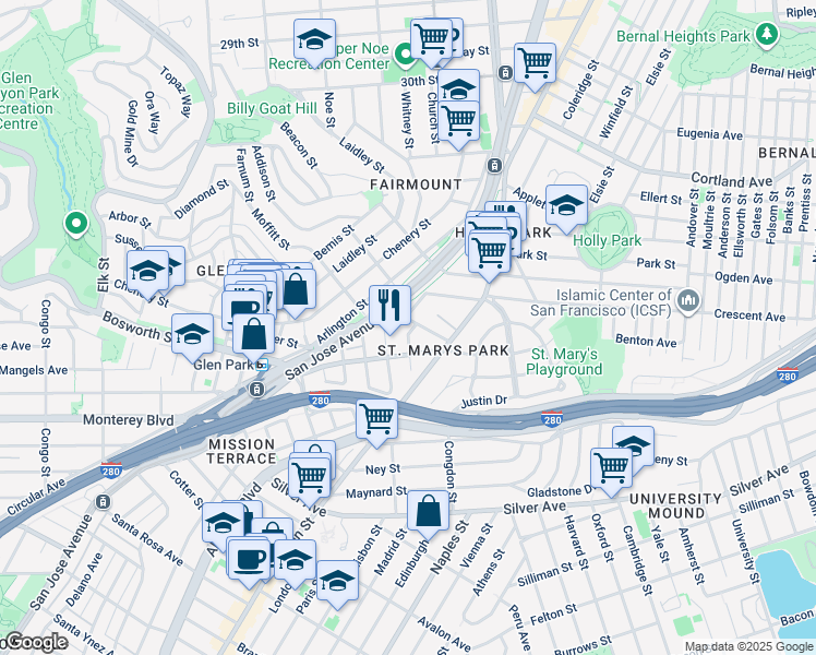 map of restaurants, bars, coffee shops, grocery stores, and more near 105 St Marys Ave in San Francisco