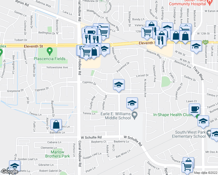 map of restaurants, bars, coffee shops, grocery stores, and more near 460 Silvertail Place in Tracy