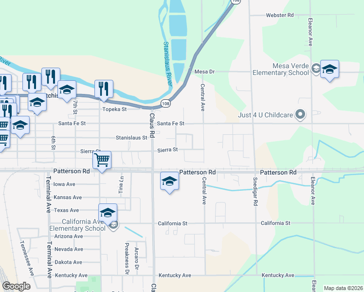 map of restaurants, bars, coffee shops, grocery stores, and more near 4157 Sierra Avenue in Riverbank