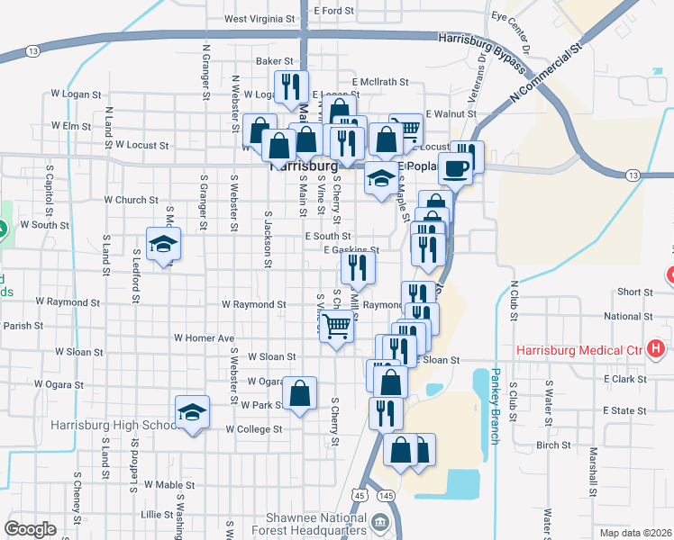 map of restaurants, bars, coffee shops, grocery stores, and more near 301 South Cherry Street in Harrisburg