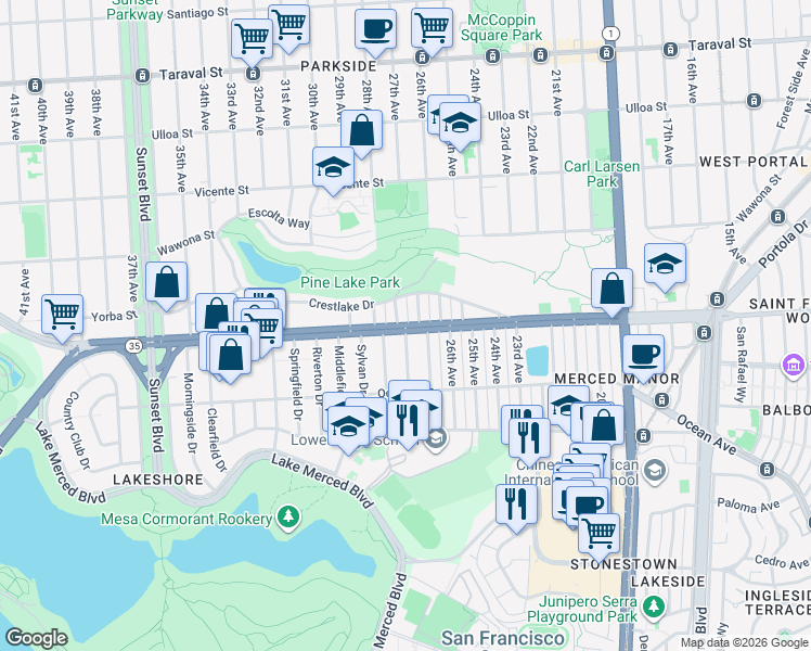 map of restaurants, bars, coffee shops, grocery stores, and more near Sloat Boulevard & Forest View Drive in San Francisco