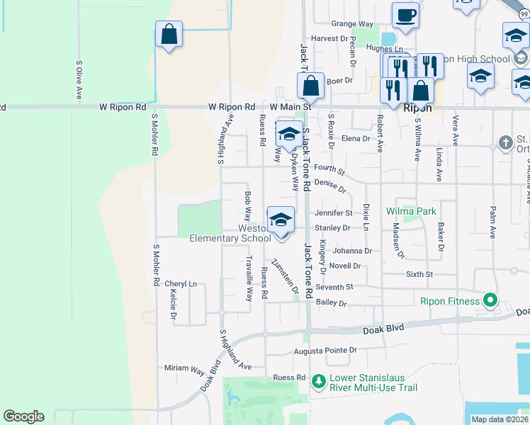 map of restaurants, bars, coffee shops, grocery stores, and more near 1695 Stanley Drive in Ripon