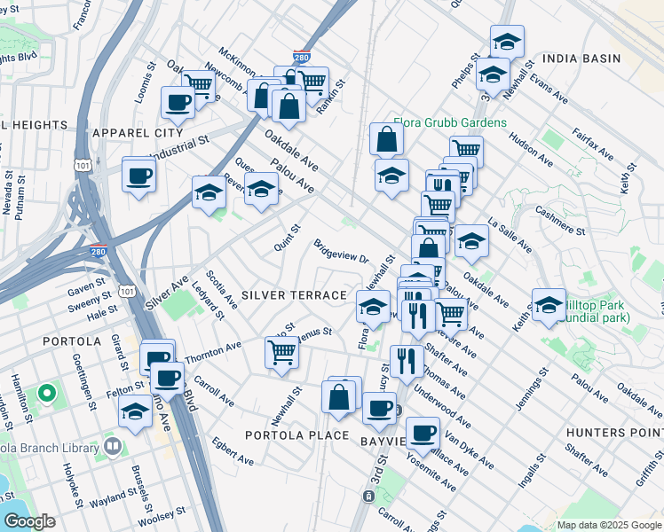 map of restaurants, bars, coffee shops, grocery stores, and more near 175 Bayview Circle in San Francisco