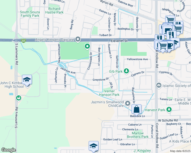 map of restaurants, bars, coffee shops, grocery stores, and more near 2607 Greystone Drive in Tracy