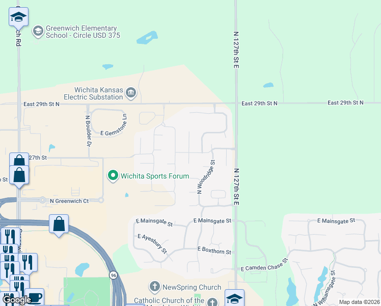 map of restaurants, bars, coffee shops, grocery stores, and more near 12418 East 27th Court North in Wichita