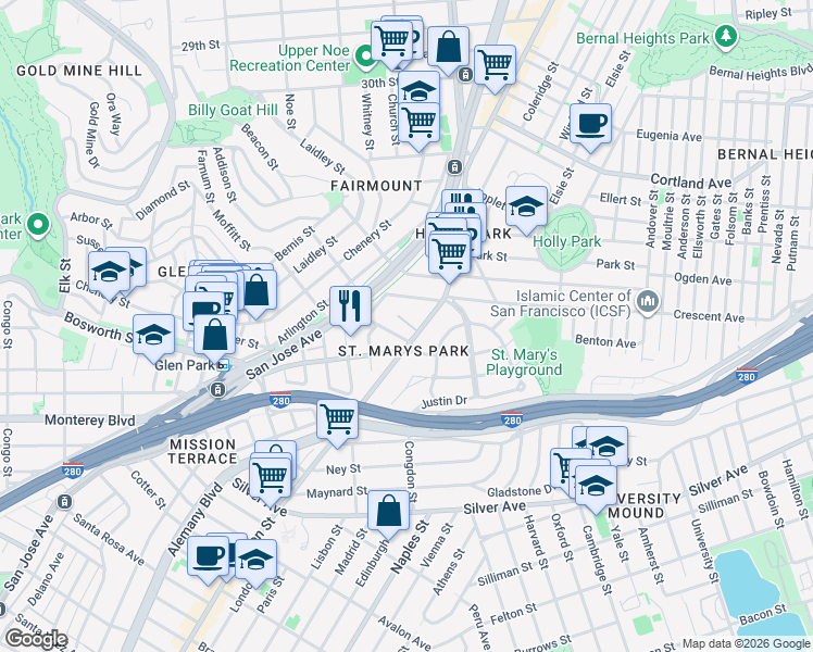 map of restaurants, bars, coffee shops, grocery stores, and more near 19 Saint Marys Avenue in San Francisco