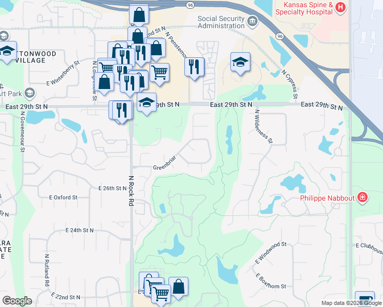 map of restaurants, bars, coffee shops, grocery stores, and more near 8514 Greenbriar in Wichita