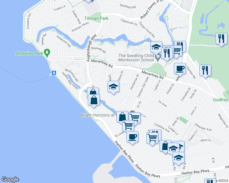 map of restaurants, bars, coffee shops, grocery stores, and more near 1132 Fontana Drive in Alameda