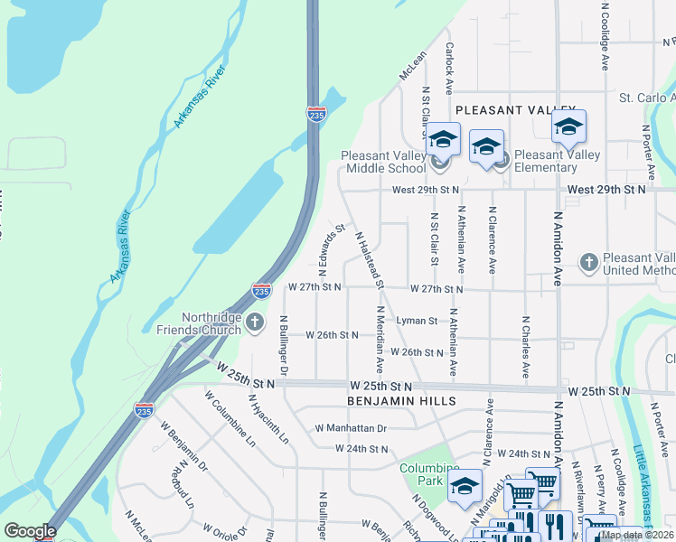 map of restaurants, bars, coffee shops, grocery stores, and more near 2612 West 27th Street North in Wichita