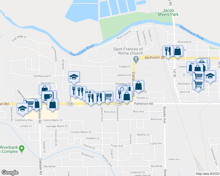 map of restaurants, bars, coffee shops, grocery stores, and more near 2655 1/2 Sierra Street in Riverbank