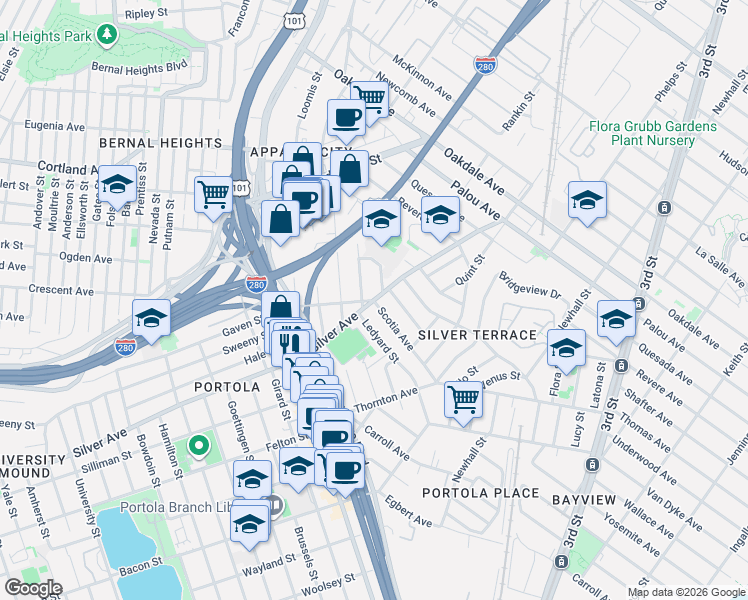 map of restaurants, bars, coffee shops, grocery stores, and more near 37 Scotia Avenue in San Francisco
