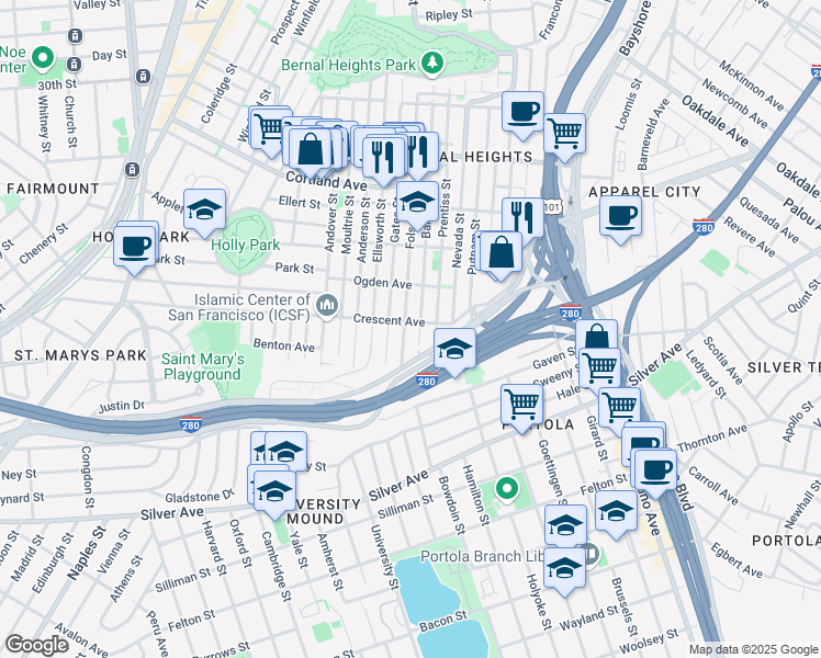 map of restaurants, bars, coffee shops, grocery stores, and more near 4239 Folsom Street in San Francisco