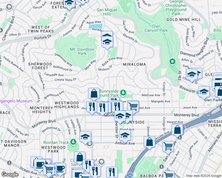 map of restaurants, bars, coffee shops, grocery stores, and more near 316 Melrose Avenue in San Francisco