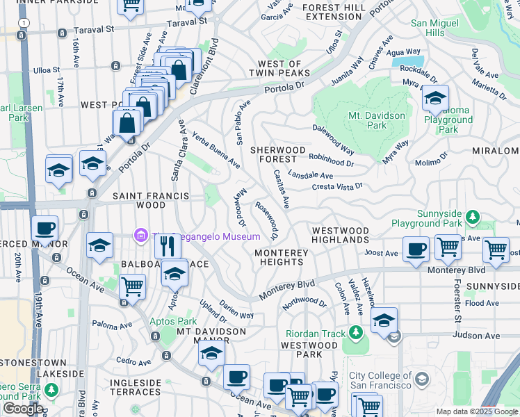map of restaurants, bars, coffee shops, grocery stores, and more near 36 Fernwood Drive in San Francisco