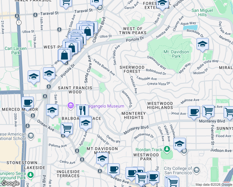 map of restaurants, bars, coffee shops, grocery stores, and more near 36 Fernwood Drive in San Francisco