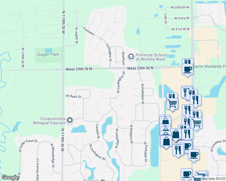 map of restaurants, bars, coffee shops, grocery stores, and more near 2807 North Shefford Circle in Wichita