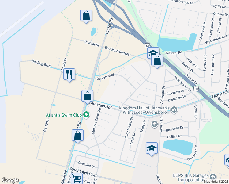 map of restaurants, bars, coffee shops, grocery stores, and more near 3645 Edna Ct in Owensboro