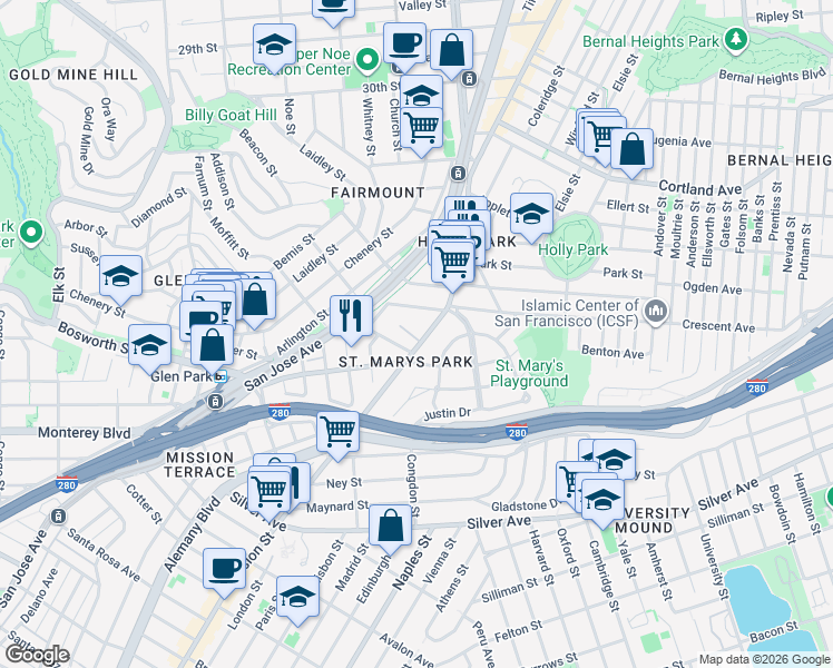map of restaurants, bars, coffee shops, grocery stores, and more near in San Francisco