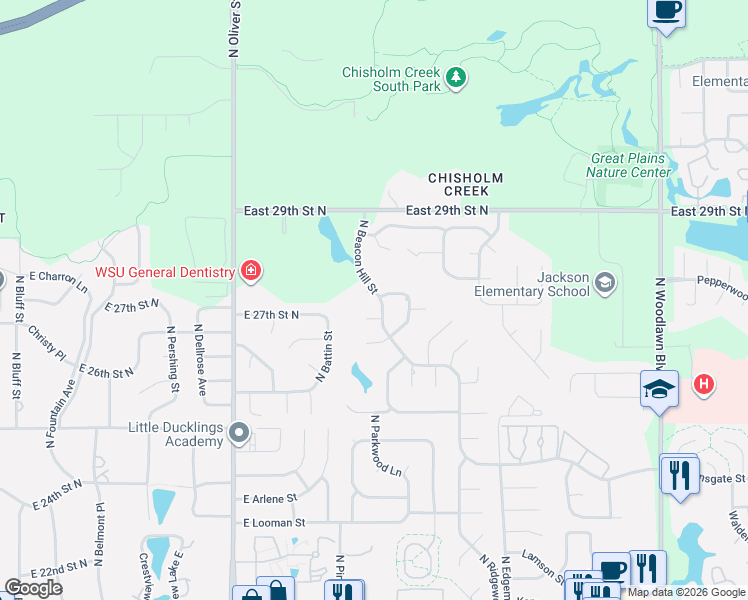 map of restaurants, bars, coffee shops, grocery stores, and more near 2737 North Beacon Hill Court in Wichita