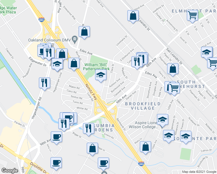 map of restaurants, bars, coffee shops, grocery stores, and more near Clara Street & Ashton Avenue in Oakland