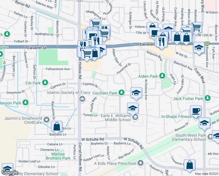 map of restaurants, bars, coffee shops, grocery stores, and more near 400 Silvertail Place in Tracy