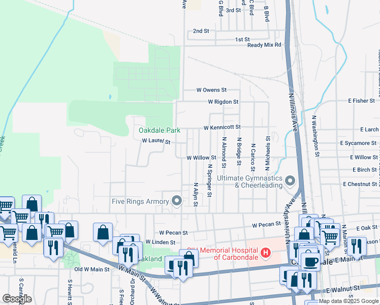 map of restaurants, bars, coffee shops, grocery stores, and more near 703 North James Street in Carbondale