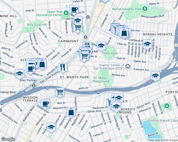 map of restaurants, bars, coffee shops, grocery stores, and more near 2 Justin Drive in San Francisco