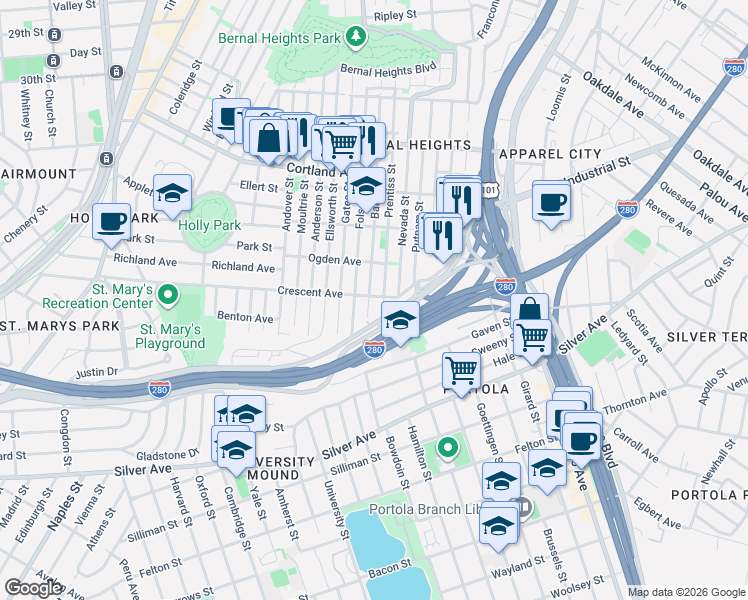 map of restaurants, bars, coffee shops, grocery stores, and more near 1000 Crescent Avenue in San Francisco