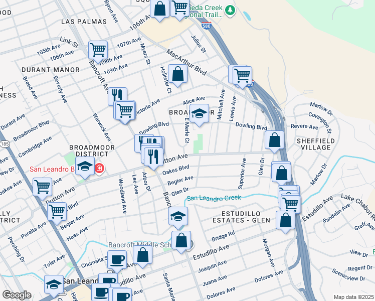 map of restaurants, bars, coffee shops, grocery stores, and more near 592 East Merle Court in San Leandro