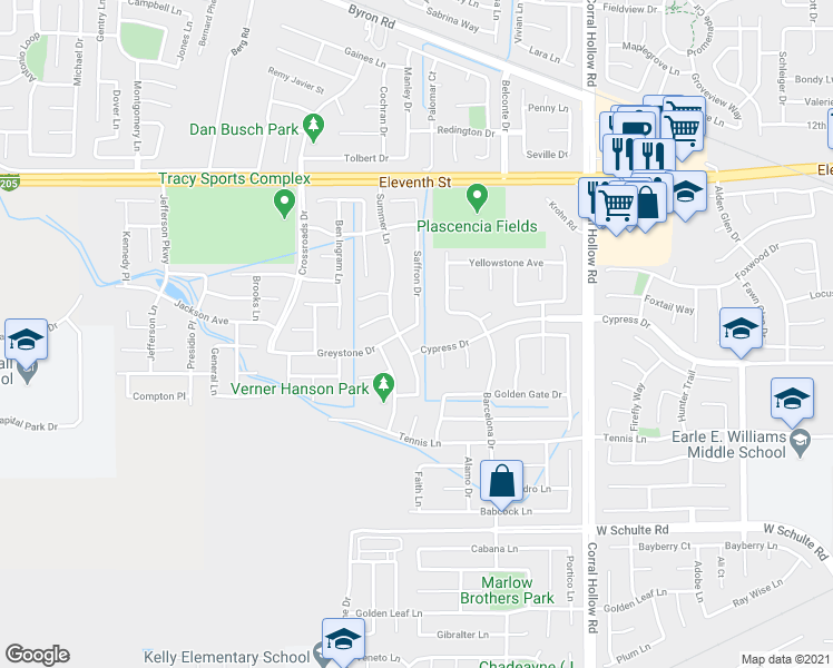 map of restaurants, bars, coffee shops, grocery stores, and more near 2366 Greystone Drive in Tracy