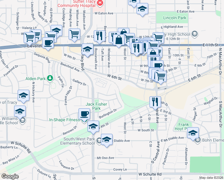 map of restaurants, bars, coffee shops, grocery stores, and more near 458 Rockingham Way in Tracy
