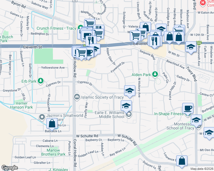 map of restaurants, bars, coffee shops, grocery stores, and more near 1710 Stags Leap Court in Tracy