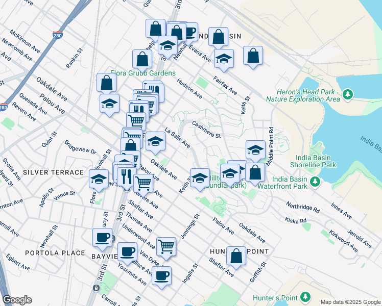 map of restaurants, bars, coffee shops, grocery stores, and more near 1405 McKinnon Avenue in San Francisco